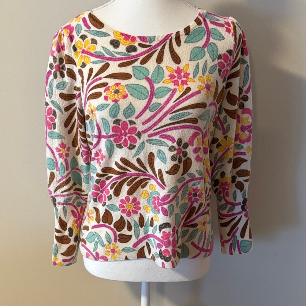 NWOT Talbots 100% Merino Wool Multicolor Boho Floral Long Sleeve Sweater. M